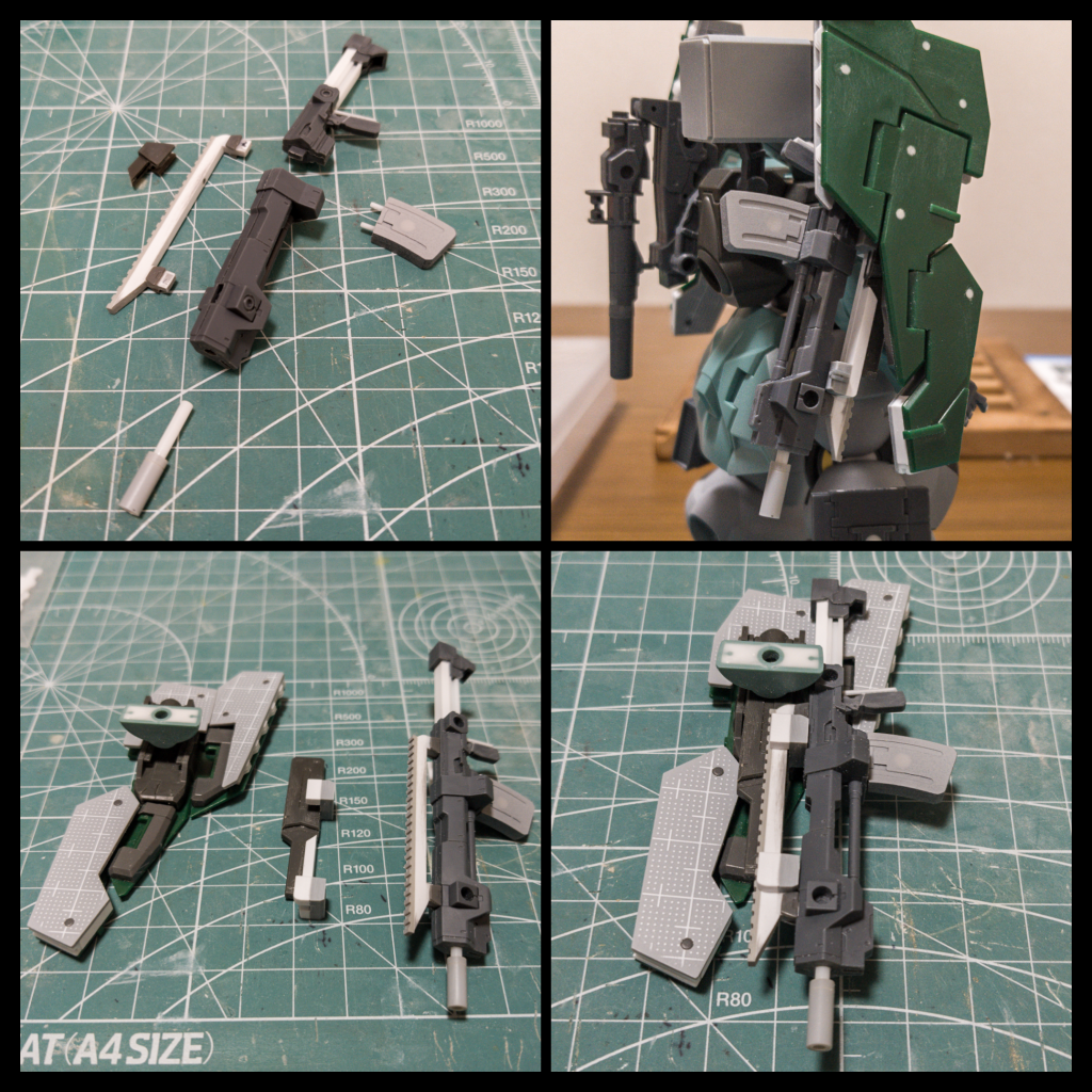 携行武装であるバトルライフルは30MMのパーツをベースにプラ材等で作成したものです。ほぼ完成してから照準器が無いことに気付いたので、元キットのライフルからサイト部分を切り出して上部レールへネオジム接続出来るようにしました。そのままだと元キットのようにシールドバインダーの内側にマウントすることは出来ないので、ビームトーチを加工しハンガーとして介することでマウント出来るように。