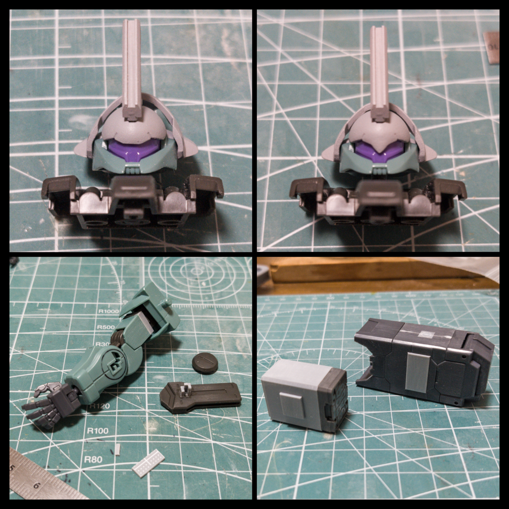 頭部のブレードアンテナはプラ材を貼り付けて太く短く変更。後頭部にはアーチを追加して若干ダリルバルデっぽくしてみました。ひさし部分の形状も若干変更して鋭い目付きに…なってたらいいな。(この時点では目を塗っていないためどんな印象になるか分かっていません)近接武装として、腕部にビームトーチを加工したブレードを取り付けられるようにしています。背部武装のミサイルポッドは当初M.S.Gの物を載せてみましたが、大きすぎて隣のグレネードランチャーが貧弱に見えてしまうため、箱組み&ディティールアップパーツで小さめの物を自作しました。グレネードランチャーは30MM用オプションパーツを持ってきてプラパイプで砲身を4cmほど延長。