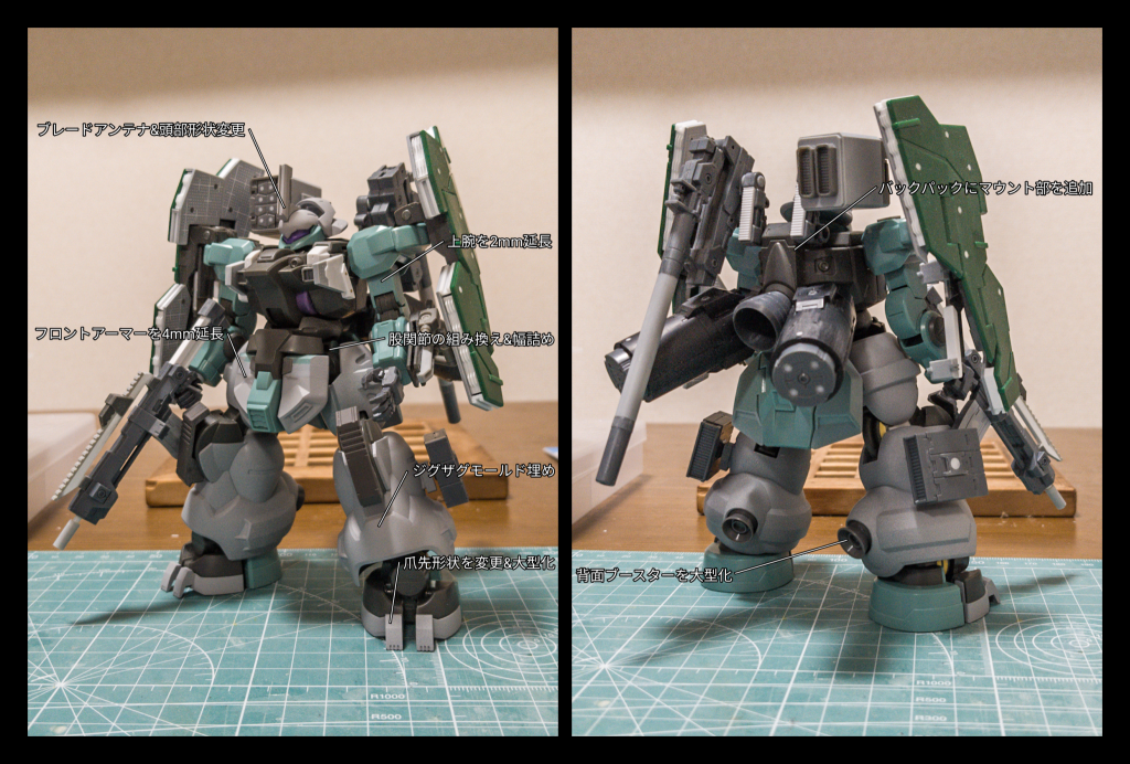 本体への加工点はこんな感じです。定番の股関節パーツ入れ替えや、股関節ブロック左右の幅詰めを行ったことで、脚部が若干延長され、仁王立ち時のシルエットが力強くなったように思います。また、腕が短く感じたため目立たない部分で上腕を延長。他にフロントスカートやブースターの大型化を行いました。あとは各部の肉抜き穴埋めなど。