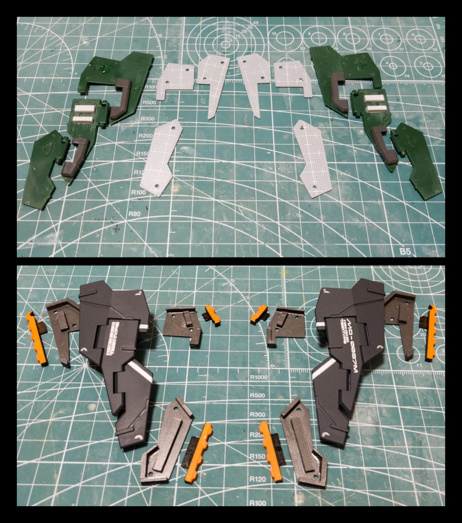 シールドバインダーはHGデュナメスから持ってきていますが、そのままだと薄くて頼りなさげだったのでプラ材でディティール等を追加して多層構造に見えるように加工しています。塗り分けを考慮して各ディティールは別パーツ化しましたがここが一番時間が掛かったかもしれません…