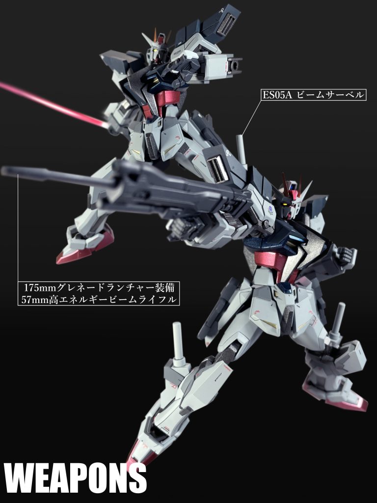 本機には「ストライク(再生機)」の実戦データと搭乗者の要望に加えて「GAT-X1022 ブルデュエル」のデータもフィードバックされている。特に脚部にマウントされた「ES05A ビームサーベル」のレイアウトや「ブルデュエル」の素体である「GAT-X102 デュエル」の主兵装の一つであった「175㎜グレネードランチャー装備 57㎜高エネルギービームライフル」を装備している点にそれらの影響が伺える。