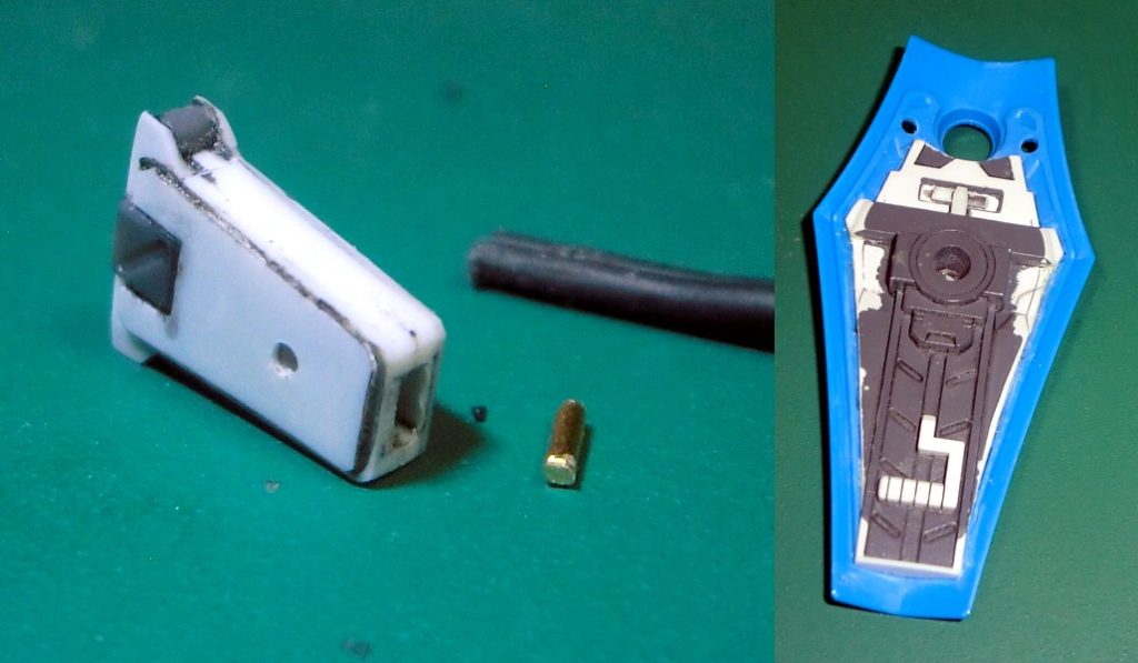 プラ板で充電コネクターの製造。安定のネオジム固定　グフのシールド裏にストライクシールドを加工したものを接着