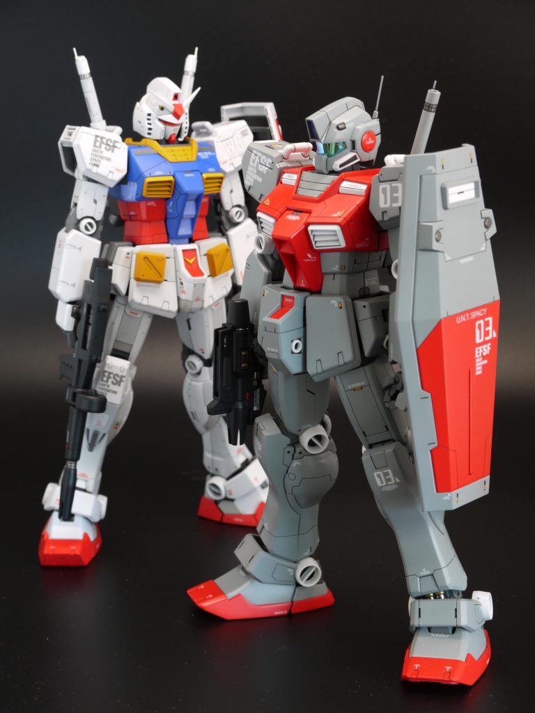 前回作製したガンダムとのツーショット。当時モデグラで衝撃を受けたセンチネル版のジム。ジム改としてキット化されて嬉しかったのですが、「何か違うな」と思っていました。今回はそのモヤモヤを少しでも晴らすべく、改修してみました。センチネル版の完全再現、とはなりませんでしたが、キレイにまとまったかなと思います。センチネル0079でガンダム→ジムと来たら、次はザクをつくります!ご覧いただき、ありがとうございました。