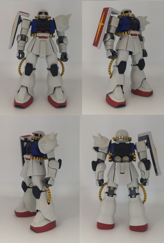 こちらは連邦の?ザク改修点は右肩にガンダムの盾から移植した十字(これのおかげで何とか連邦の機体だとわかる)旧HGのザクはバックパックが少し寂しかったのでバーニアを追加。別機体のものをUVレジンで複製して貼り付け