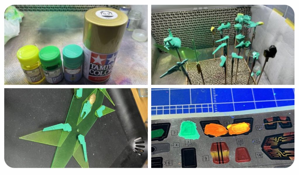 塗装です。メインカラーはガイアノーツのダンバインカラー“オーラグリーン2”。差し色にゴールドを入れます。翼は蛍光イエロー。サーフボードは蛍光グリーン。センサーとアイレンズはステッカーに蛍光塗料を筆塗りして切り出して貼ってます。