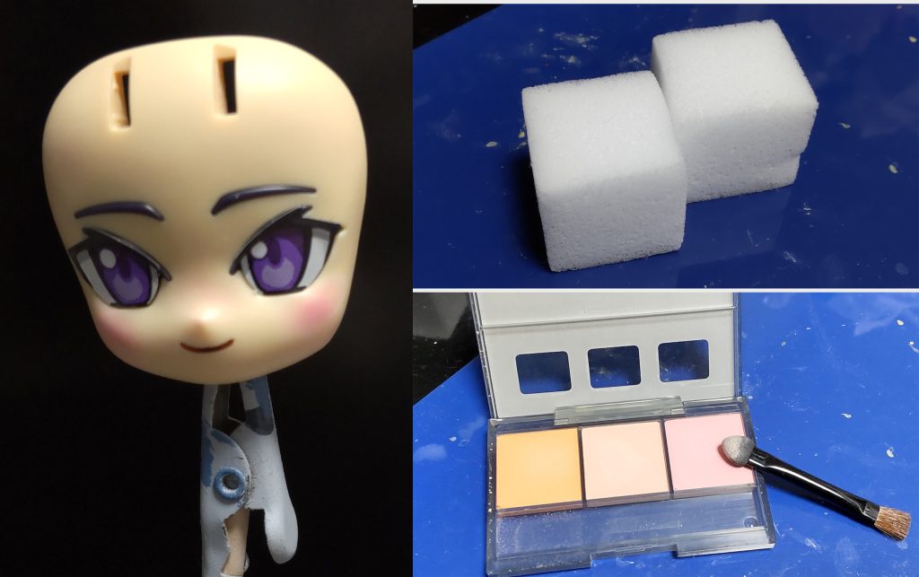 顔パーツをメラミンスポンジで満遍なく磨いて、テカり感を抑えますこの後に塗るウェザリングマスター<ピーチ>が定着しやすくなるのですで、頬を中心にピーチを塗り塗り(本物の化粧品と変わりないみたいです)画像では目のシールを付けていますが、最後のトップコート仕上げまでは貼らないか、目のパーツごと外しておきます口のラインもちょっと墨入れしてます