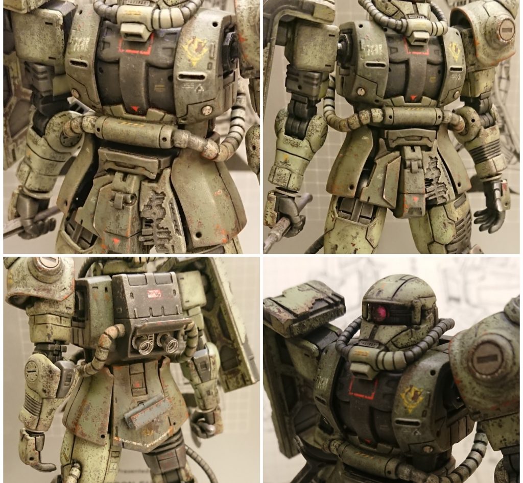 ⑧墨入れ&汚し&田宮粉汚しは水性塗料で挑戦したものの塩梅が分からずいつものエナメル希釈済塗料に...⑨ポンコツマシ(白い奴に投げられた後、また拾ってきて再生しようとしたら...) (横井軍曹のように終戦を知らず長期潜伏していたとしたら...)勝手な想像をしながら汚しを加えていくと、 またこんな姿になってしまいました...汚ねぇなぁっ！(江戸っ子風)(ワンパターン...)