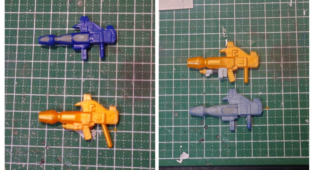 ビームライフルもいじらざるをえない。Gジェネ版で追加されたノーマルの方は肉抜き穴をエポパテで埋め、銃口を開孔、もともと付いているマルチプルランチャー付きの方は、プラ材で形を作り直しています。