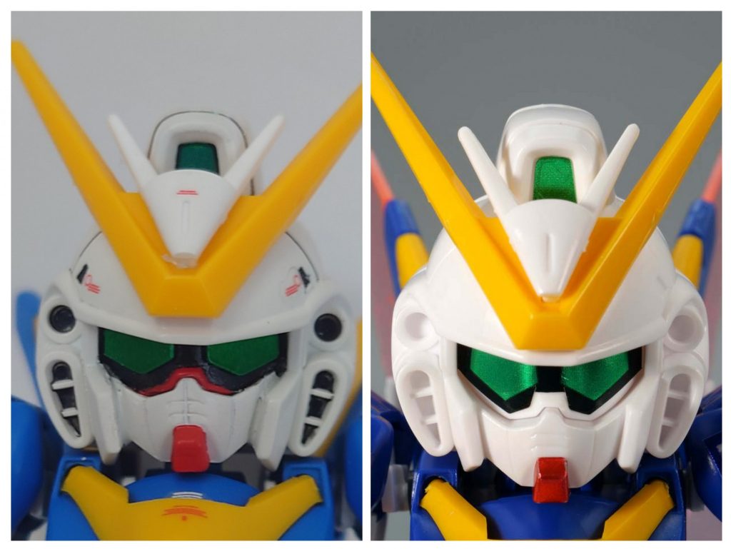 顔、左が加工後で右がキットにシール。スナイパーモードのギミックを入れる関係で、相当のウマ面になっています。一度フェイス部を切り取って少し奥にいれ、アイレンズはプラ板から作り出してそれを貼り付けています。さらに首の接続をボールジョイントにして、アゴを引けるようにしています。これで大分男前になりました。…アイレンズっていうの、ファイブスターっぽいですね。
