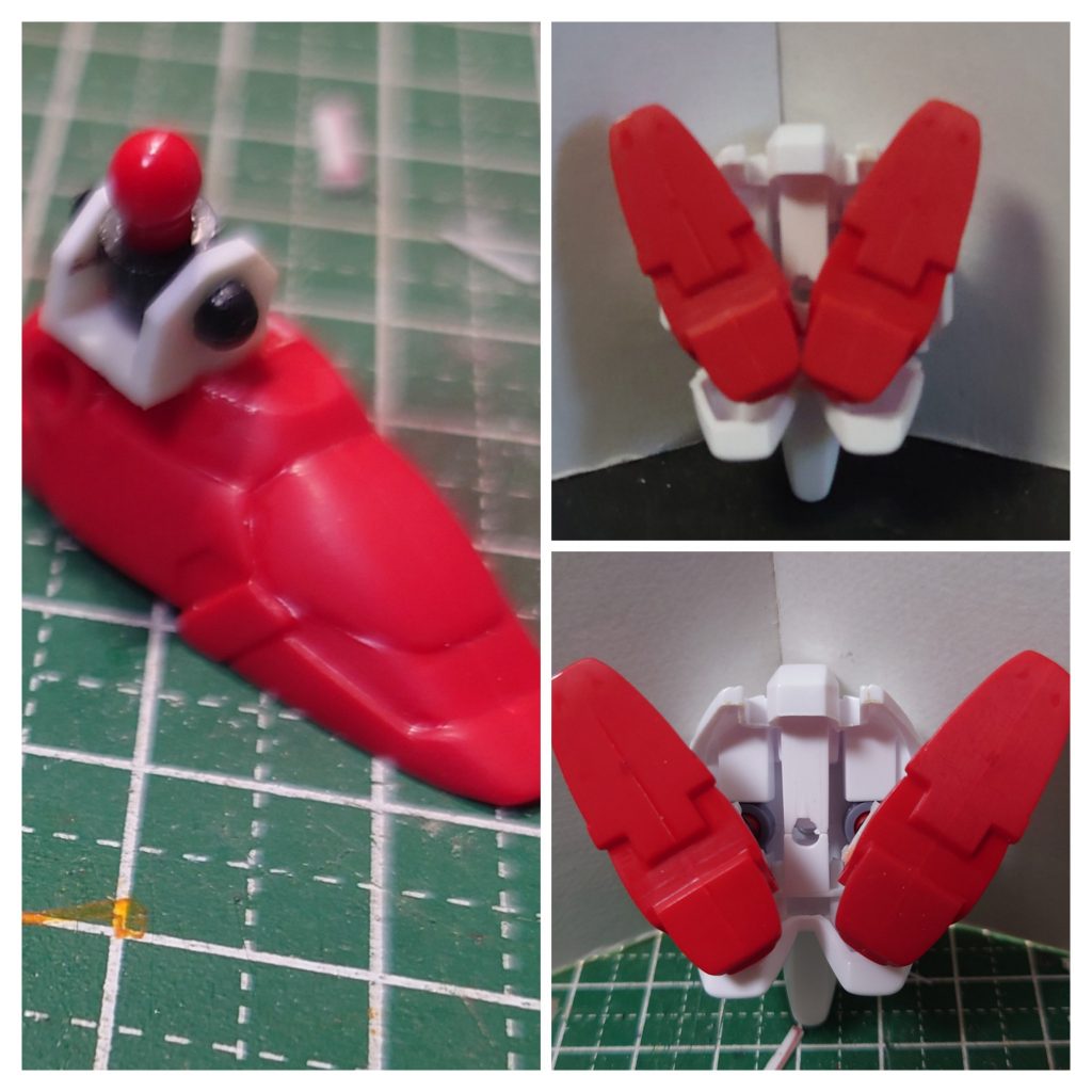 まずは足、昔のBB戦士よくあるで、全く開けません。左右のカカトがぶつかるので、軸を新造します。これで右下のように広がるようになりました。