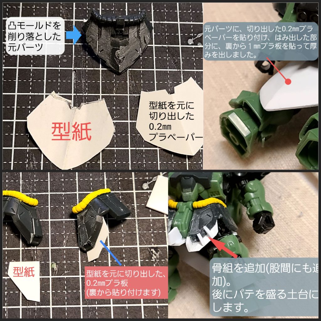 フロント&リアアーマーの大型化の様子です。型紙を作ると、形状の検討がしやすいです。