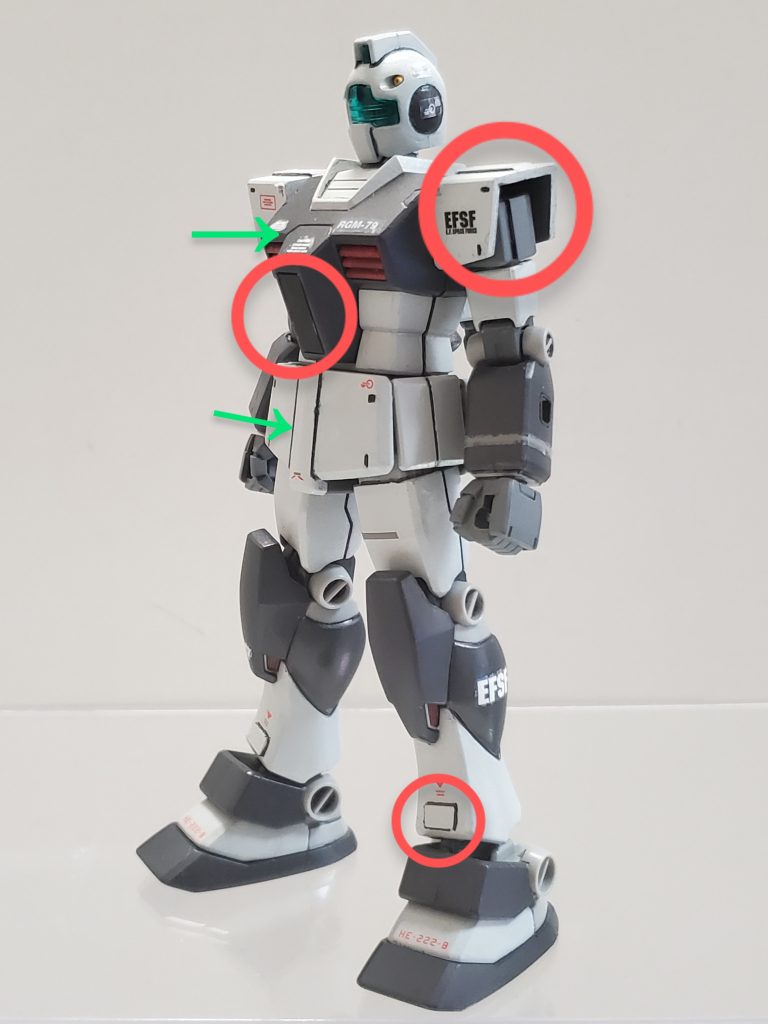 今回はHGUCジムと旧HGUCガンダムを使用して先行試作機ジムを制作してみました😊✨上半身と両足はガンダム、あとはジムです🎶今回の制作ポイント♥️①赤○の部分は初の試み❗プラ板を使い僅かですがディテールアップをしています💦特にコックピット部分はプラ板で塞いでます🎵②緑→はスジ彫りでスカートの分け目を表現❗③カラーリングはプロトタイプガンダムをイメージして塗装🖌️🎶④ジムヘッドの中を少々削り、首ポリパーツ部分も削って頭部が変に浮かないように改修👍