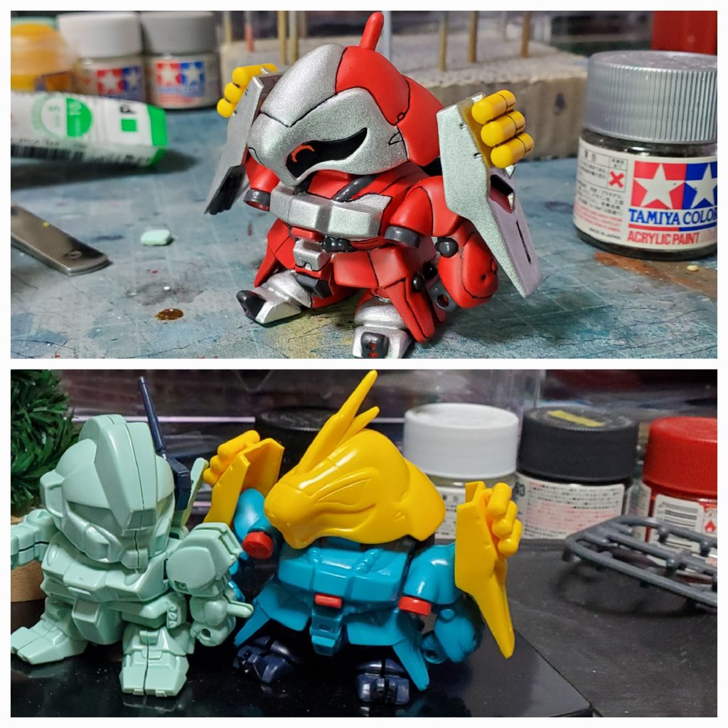 ヤクトドーガ(クェス機)現品が手に入らなかったのでギュネイ機を改造しました。右手は手を繋ぐ為に少し改造しています。