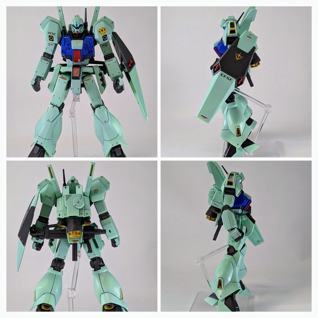 全体をぐるっと。ディテールアップ多めにスジ彫りしました。カラーリングは自分解釈で塗っています。腰を1mm延長しています。