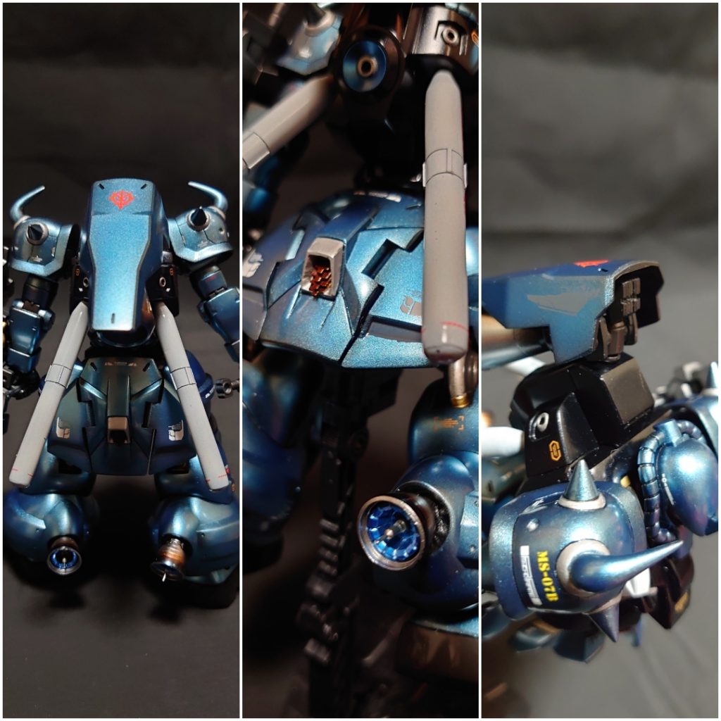 後ろからみるとこんな感じです。リアアーマーにスラスター、シールドにシイタケを追加。ヘタクソなりにやってみましたがもっと練習が必要なようです……w