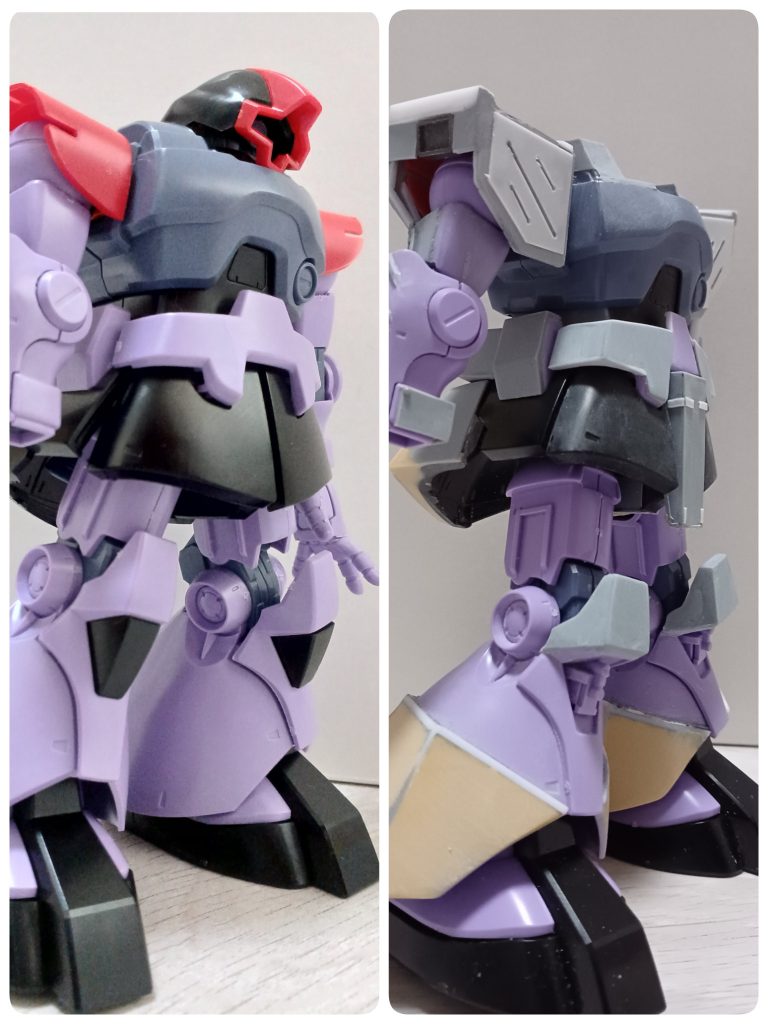 これがこぉなって自分の勝手なイメージ　ジオン軍のMS=曲線美　だと思うんですけど　そこを敢えてなるべくカクカクにしてみよ　から始まったのが脇腹をシュッと削って、脚の付け根を切って最下限までずらし、ベルト? 、膝下、肩、手首、リアスカートも出来るだけカクカクに