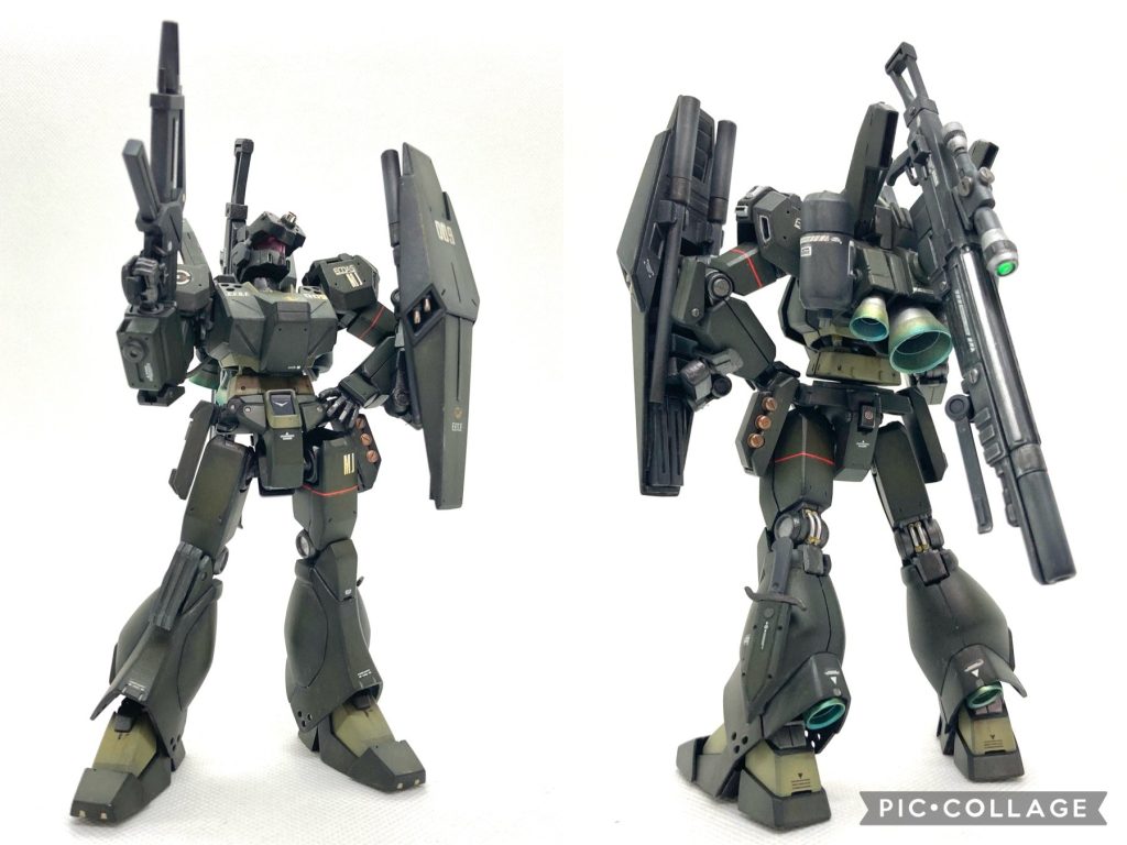 全体をご覧下さい。バックパックにはウェポンラッチを追加し、シールドやスナイパーライフルをマウントすることができます。股関節の可動域拡大の工作で、太ももの位置が下に1mm、外に0.5mmほど移動したので、太もも上部を1mm厚く、側面を0.5㎜ずつ増幅。前面も0.3㎜増幅して太ももを長く太く加工しました。(ジェガンは腰のフロントアーマーをなくす代わりに太ももの装甲を厚くしているという設定の再現です。)太ももが太くなったぶん、サイドアーマーも基部を厚くし、軸を延長して外側にずらしています。