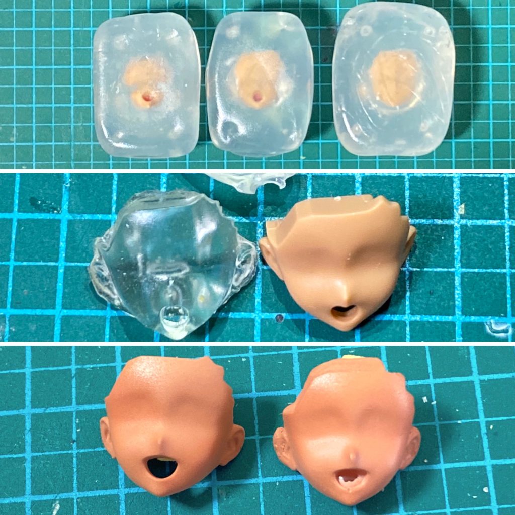 今回の難所②フェイスパーツ複製お湯まるくんとUVレジンでパーツ複製に初挑戦！想像より遥かにしっかり複製できて驚き！😆までは良かったのですが、背面の深い溝は複製できていなかったので、ちょっと削るぐらいリューターがあれば簡単に…レジン硬っ！となりまして、腕ガクガクになりました😅
