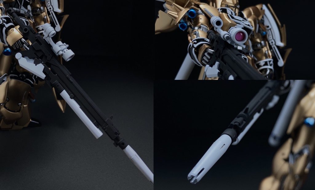 武器の配色センスが欲しい。ライフル先端が埋まってたので削っています。フラットブラックそのままだと暗過ぎてディテールが見えづらくなってしまった。黒はある程度グレー混ぜた方が良いのかな。