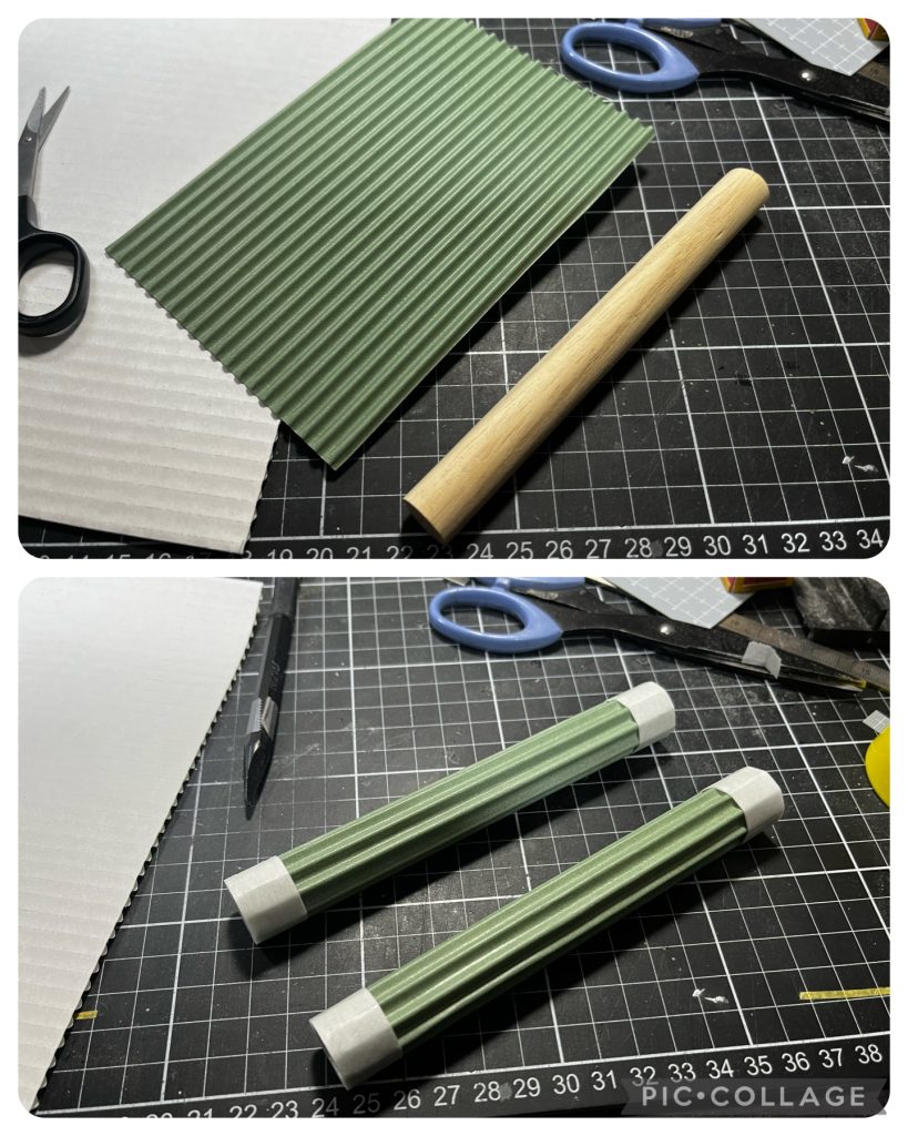 ジオラマ制作③片面ダンボールというものを巻きつけ、上下はマスキングテープというかなり雑な作りでした。