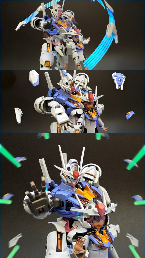 〆はやっぱり一斉射撃です！😆ビームエフェクトは蛍光グリーンに塗装した透明プラパイプの中に蛍光イエローのプラ棒です。