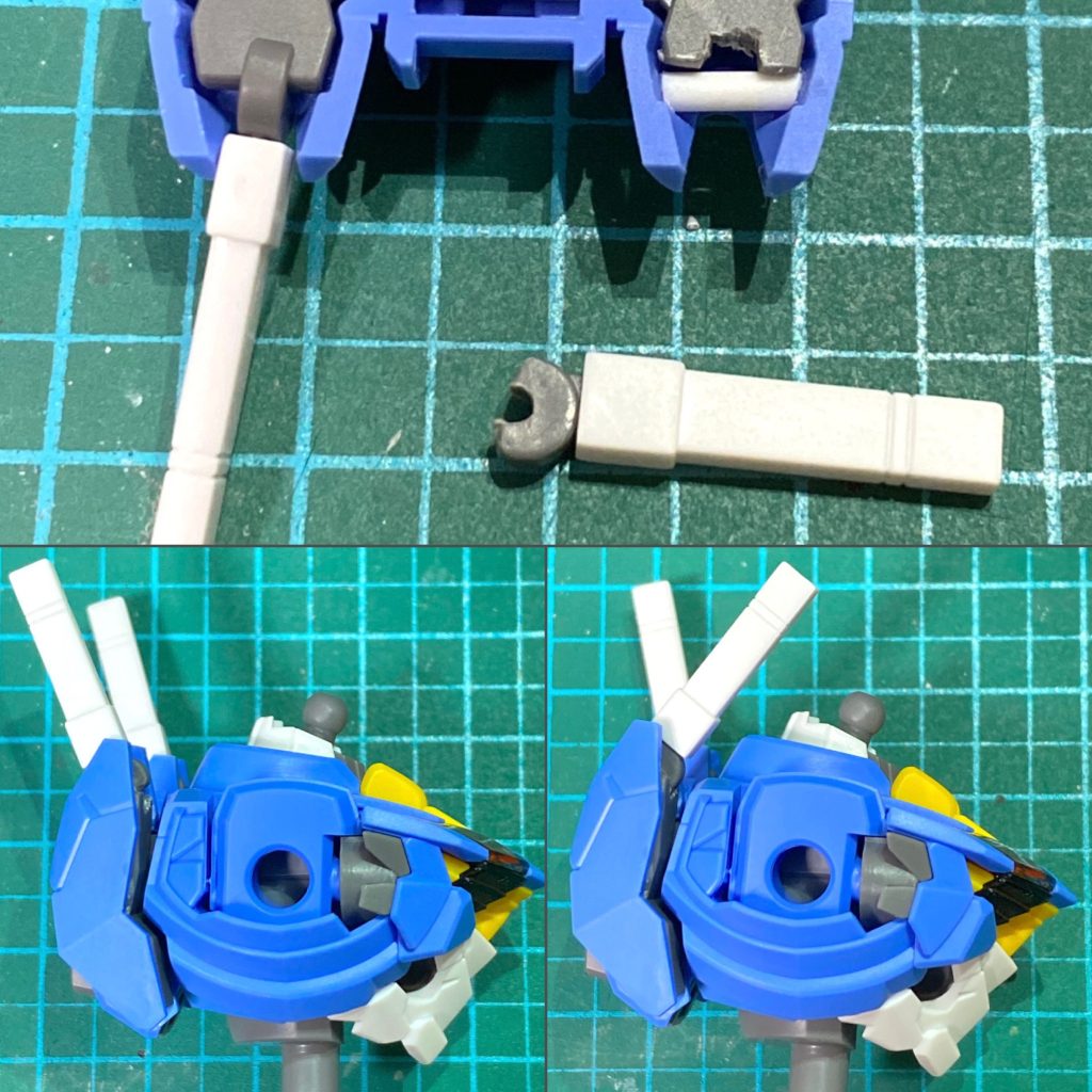 制作工程です。サーベルラック接合部が円形なのに動かないのは寂しいので、切り取って欠けたドーナツ形状に加工、土台側にプラ棒を接着し、前後にスイングできるようにしました。地味で目立ちません。