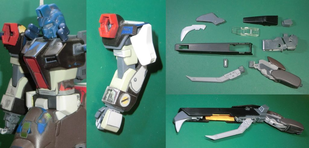 ダガー上半身にスモーク 胴体接続部を延長して全高を高く改修 クロー部は積層プラからセラヴィーの砲身に変更。内部にビーム砲口をつけ、撃墜力を向上