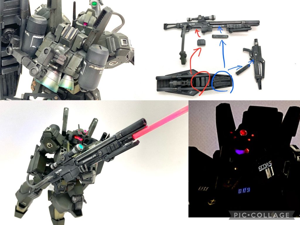 スナイパーライフルはコトブキヤのショットガンをもとにプラ材で加工して作りました。バイポッドはコトブキヤのヘヴィーマシンガンのものを使用しています。レールガンの弾丸は通常の貫通弾の他、着弾して爆発する炸裂弾などがあり、状況によって使い分ける設定です。そのレールガンですが、非常に大きい電力を必要とするため、腕のウェポンラッチに装着された給電ユニットからMS本体のジェネレーターの電力を供給することになります。しかし、そのままでは撃った直後にパワーダウンしてしまうので、バックパックに大型のコンデンサーを2基装備し、ここに2連射ぶんの電力をチャージします。2連射後はしばらくチャージする時間が必要であり、スキが大きいのが欠点です。これを補うため、レールガンの砲身の下には通常のビーム砲が装備されています。ビームのEパックは通常のビームライフルのものと共用です。またビーム砲の先からは短いビームサーベルを出すことができ、銃剣のようにして使うことができます。なお、各種カメラやセンサー、ビームサーベルには蛍光塗料(スプーキー)を塗布し、ブラックライトで発光するようになっています。ピンクのバイザー内のモノアイは紫に発光します。