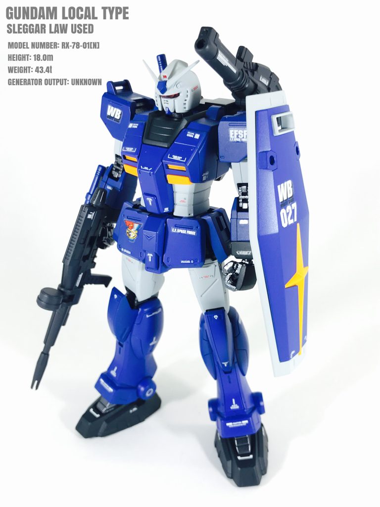 もしスレッガーさんにガンダムが配備されていたら？というIF設定で作成。隊長機（機体No.027）として局地型をチョイス、宇宙用に換装という脳内設定でスレッガーさんのパーソナルカラーである『青』で仕上げ、ウェストアーマー右にパーソナルマークを貼ってみました。