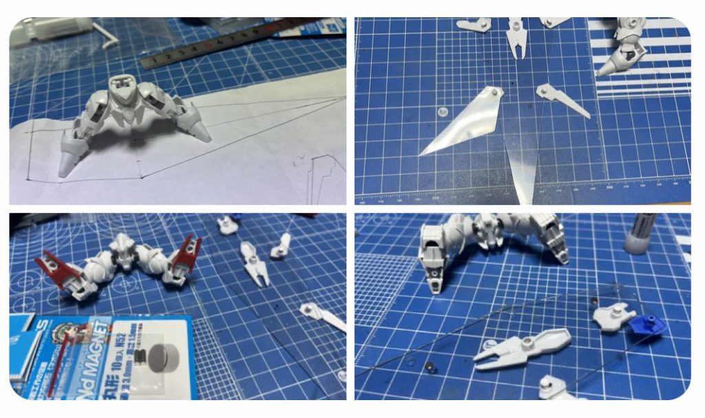 サーフボードは1mmアクリル板。切り出してシールドパーツ取り付け用の穴を開けていきます。接続はちょうど開いてる3mm穴にネオジム磁石を埋めます。