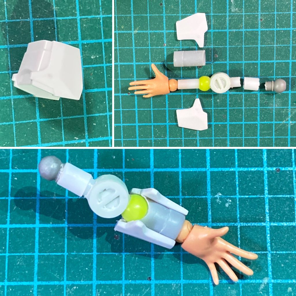 スレッタのMSパーツは、殆どが切ってヤスって磁石を貼っただけですが、SDの腕は四角くてエアリアルに見えない…思い切って切り落とし、側面以外はプラパイプやジャンクの組み合わせで自作しました。袖下からメカアームという、MS少女の定番から逸れたデザインで、少しは個性を出せたかな？🤔と思っています。