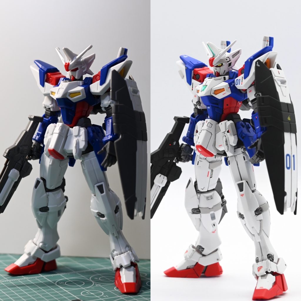 画角が少し異なりますが、ビフォーアフターです。下半身のモールドが甘かったため、ほぼ掘り直しています。また下半身の情報量に対し、上半身が寂しい感じがしたので、胸部にスジボリとプラ工作、肩部にもプラ工作を少しだけ行っています。