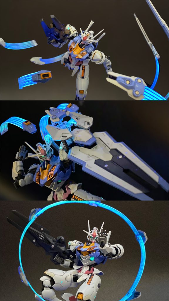 ビットのエフェクトを透明プラ板で作成。 連結穴で繋いでもヨシ、バラしてもヨシ。表現に幅ができました😃アクションベースは加工で消してます。