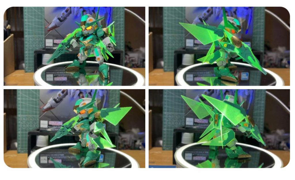 “Set your GUNPLA”ビットオンフォームです。かっけぇー!…のですが、あまり考えずに翼を配置したので干渉が激しく可動が死にました…「改造すると動かせない」の洗礼を受けてます(*´꒳`*)派手な装備で可動を確保するのは大変なんですね…