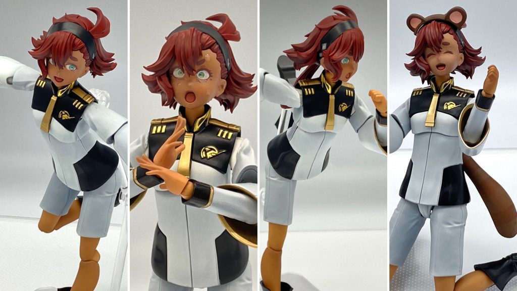 フェイスパーツを複製し、デカールの角度などを工夫して、表情豊かに。塗装剥げ必至の関節パーツ以外は全塗装しました。基本艶消しですが、黒とゴールドはツヤを出して素材感に違いを出しています。タヌキパーツは装甲用の磁石を活かして脱着式です。