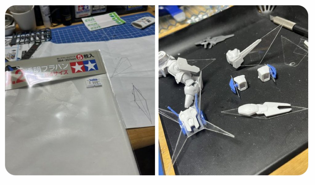 光の翼エフェクトは初めてのプラ板加工…と言っても0.2mmなのでほぼ削り切るだけですが…^_^;分割したシールドパーツに3mm棒を追加して各部にマウントできるようにしてます。本体の加工は腕に3mm穴を開けたくらいです。