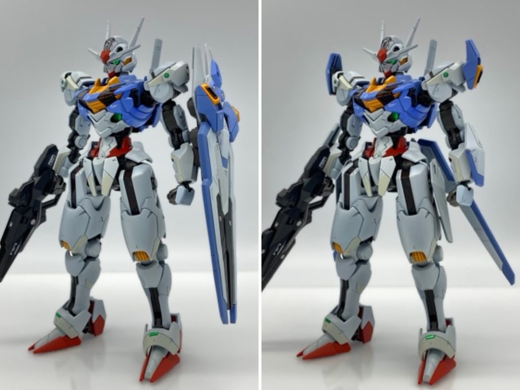 まずは飛べる踊れるエアリアル。太もも付け根のクリアランス不足が気になるので、足の付け根を外に1mm、下に2mmずらしました。バランス取りで胴も1mm延長。ビット用の各穴に3mmネオジム磁石を埋めてエッチングパーツで蓋をしたのが、良いアクセントになったと思います。ビットもピンの位置に穴を開け、同じく磁石を。その他センサーなどで軽くディテールアップ。塗装はグラデからツヤ消しが自分の定番ですが、劇中イメージからベタ塗りと半ツヤで仕上げました。