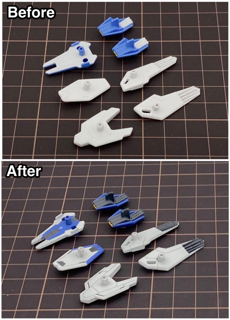 エスカッシャン裏側もプラ板で肉抜きを埋めてディテールを追加しました!画像は色分け前と色分け後になります。HG 1/144 ガンダムエアリアルの詳細は自身が運営するブログでまとめています。最後までご覧いただきましてありがとうございます!
