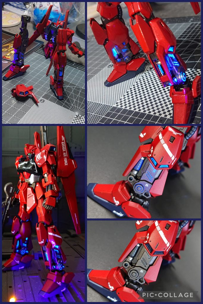 蛍光スミ入れした所は何だかサイコフレームのようにも見えますね😅蛍光ブルーはバーニア部分にも塗りましたのでチラチラ光らせて楽しみました😊