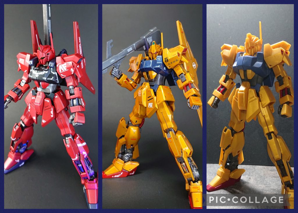 最後に今回2体同時作成した完成品と未塗装のもの(右端)で比較画像です。こうして見るとそれぞれに違いがわかって面白いですね😊 今回、同じ機体を同時作成するのははじめてでしたが、作成方法を2パターン試して検証できたり、カラーリングや仕上げの違いを比較できたりとなかなか面白かったです☺️以上、最後までご覧いただきどうもありがとうございました🙇😊🍀