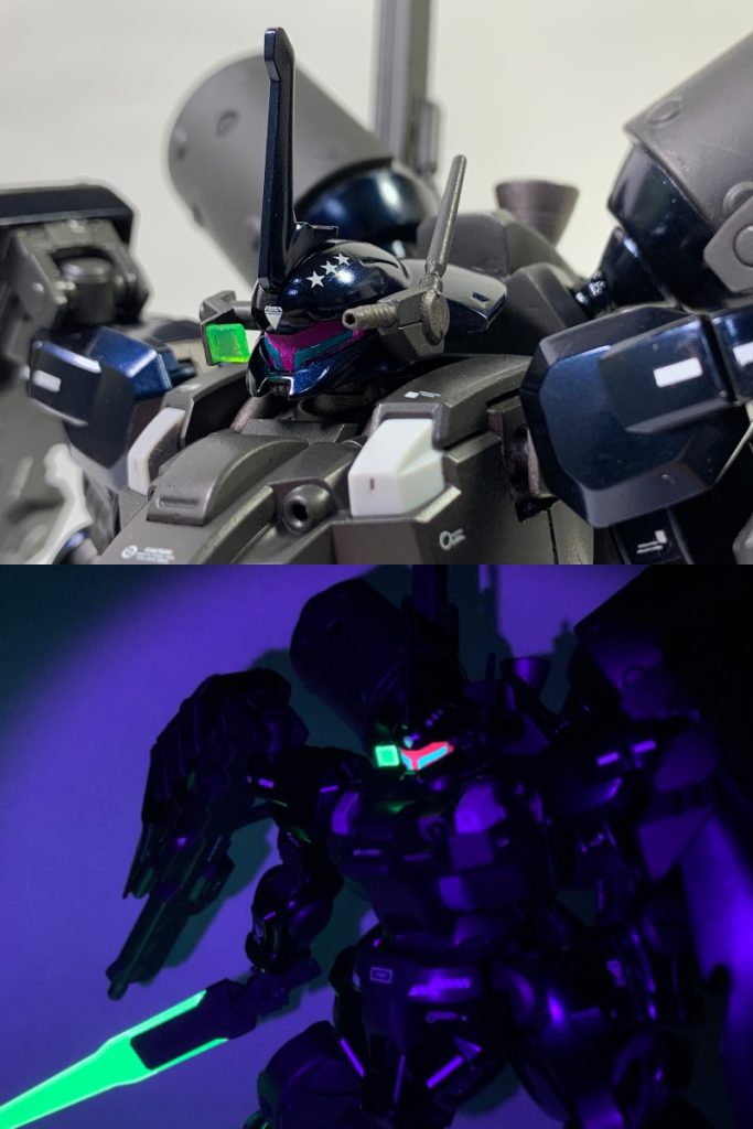 側頭部には精密射撃用のガンセンサーとチェーンガンを増設。チェーンガンは近接戦闘時に決闘相手の頭部をピンポイントに狙うために用いられます。☆のマーキングは撃墜マーク、つまり今まで何人に決闘に勝利したかを誇示しています。センサー類はブラックライトで光ります。