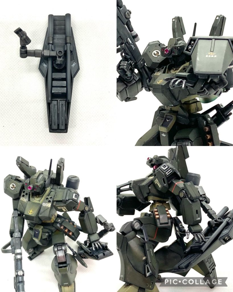 シールド裏には、レールガンのマガジンとビームライフルのEパックをマウント。レールガンは摩擦でバレルが消耗するため、予備のバレルも2本マウントしています。通常のジェガンはシールドにミサイルを装備していますが、危ないと思うので速射性に優れたバルカンに変更。急に接近された際に効果を発揮します。シールドはフレキシブルアームでマウントされ、狙撃姿勢を取った状態でも構えられる他、左手や背中に装備しても、自由に可動してマガジンなどを左手でとることが可能です。フレキシブルアームはコトブキヤのものを改修して使用。シールド基部のポリキャップはボール状のものに変更し、可動の自由度を向上させました。