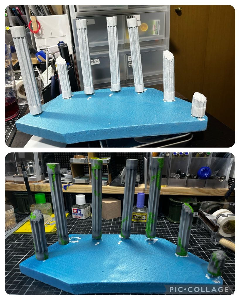 ジオラマ制作④ジェッソで下地をつけて塗装。ジオラマ制作②と同じ流れでやってます。そして出来たものをくっつけると…