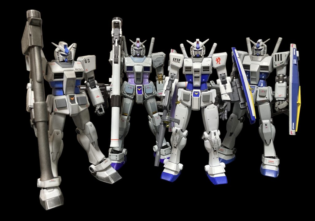 左からEG、RG、beyond global、reviveです。ガンダムを作るとG-3にしてしまう病にかかってます。何気にEG以外は今年3体目のG-3でも、シンプルで好きなんです次はMGで