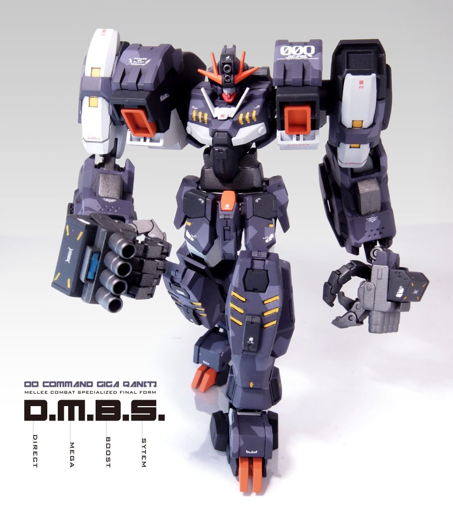 本作の目玉?「D.M.B.S.モード」。腕部をパージし、近接戦闘に特化した最終形態として設定してみました。巨腕の手を元キットからコトブキヤの「アクトナックル」に換装したのですが、この形態でこそ活きる形になりましたw旬のネタに乗っかりつつ、意外と「これが一番いいんでは?」という隠しモードになりました(^○^)