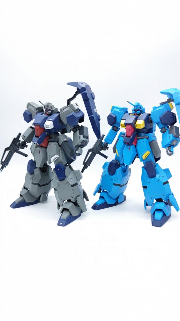 [ユニコーンVer.]との比較それぞれ、肩からか背中からの違いで見分けられます。可動域は[ユニコーンVer.]、取り回しや共同では[ギレンの野望Ver.]と言ったところで甲乙つけがたいです。