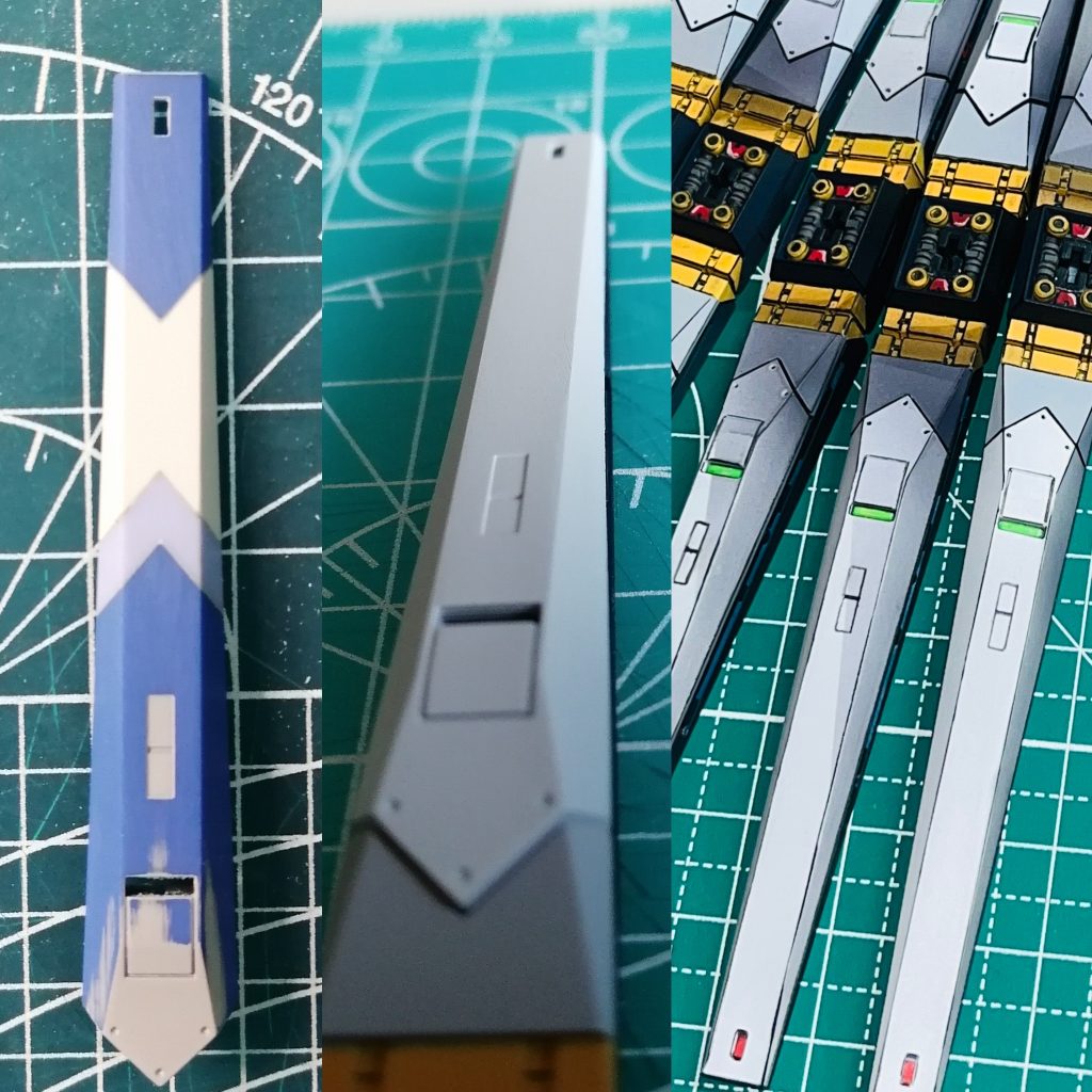 劇場版のνガンダムに寄せるため、ファンネルとシールドのパネルを埋めました。