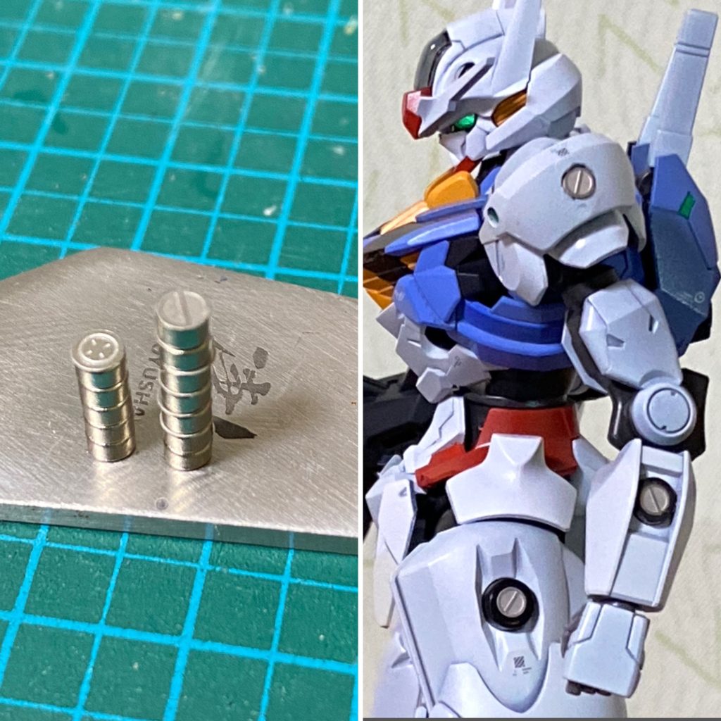 ガンプラは3mm接続穴が多いので、3mm円形ネオジム磁石をストックしておくと便利ですが、今回ほど大量に使用したのは初めてです。金属にくっつけてエッチングパーツを貼り付け、磁石、エッチングとミルフィーユにしてから、各穴に埋め込みました。そんな地味な事…と言われそうですが、極が明確になり便利だったのでオススメです！生活の知恵？😅