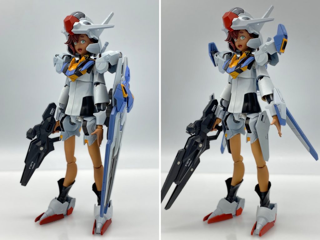 続いて着れる脱がせるエアリアル。SDエアリアルをぶつ切りにしてスレッタに装着し、MS少女にしてみました。全パーツ組み換えか磁石固定で、元のスレッタに戻せるのがこだわりです。定番MS少女にするつもりでしたが、上着のデザインが面白いので服はそのままで。服の上から装甲と思いきや、袖の中からメカアームという組み合わせがお気に入りです😃ガンビットはHGエアリアルのものを共通で装備可能にしました。