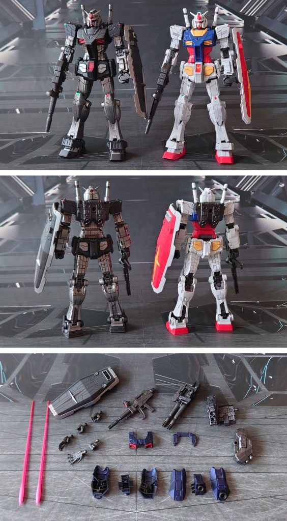 通常カラーとの比較と、付属品一式。武器類濃グレーの色が気に入らず、塗り重ね過ぎていますが、最終的な色には満足しました。